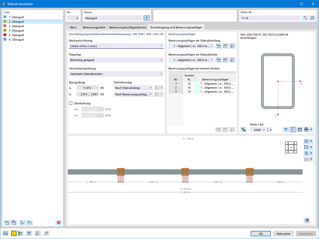 Representación de flecha y apoyos de cálculo en el software de cálculo de aluminio. Muestra la utilización y las opciones de entrada para el conjunto de barras.