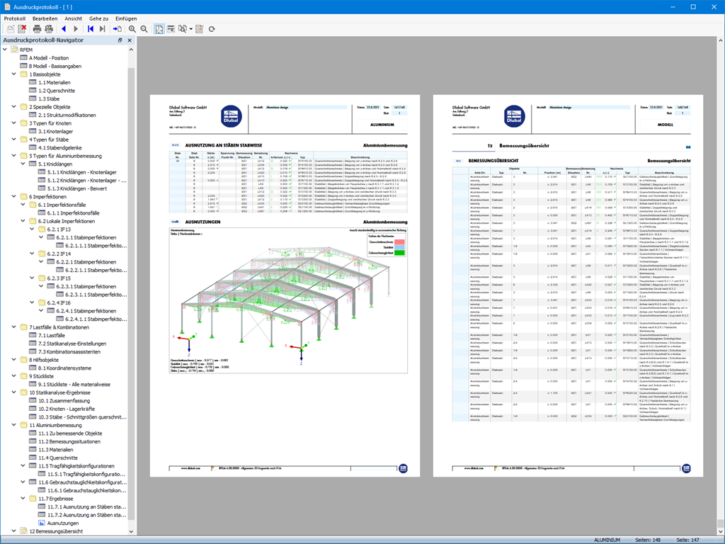 Resultados del cálculo de aluminio y estado límite de servicio en el informe de RFEM/RSTAB.