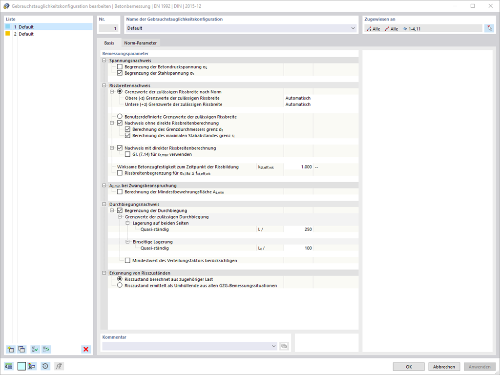 Vista de la configuración de uso para la deformación del hormigón en el entorno de RFEM 6.