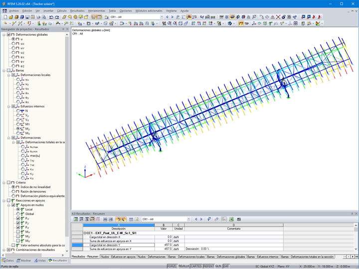 Visualización de la deformación del seguidor solar en RFEM