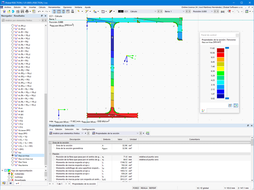 Representación tabular de propiedades de sección y distribución de tensiones gráficas para el cálculo general de secciones.
