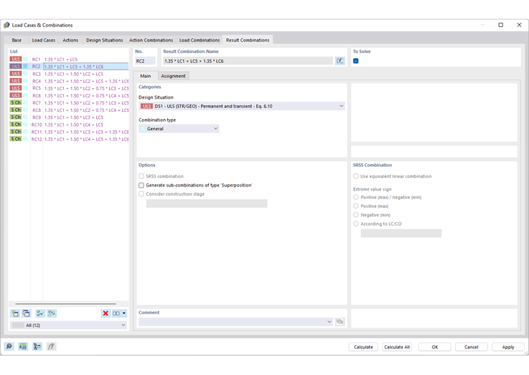 Cuadro de diálogo "Casos y combinaciones de carga", pestaña "Combinaciones de resultados"