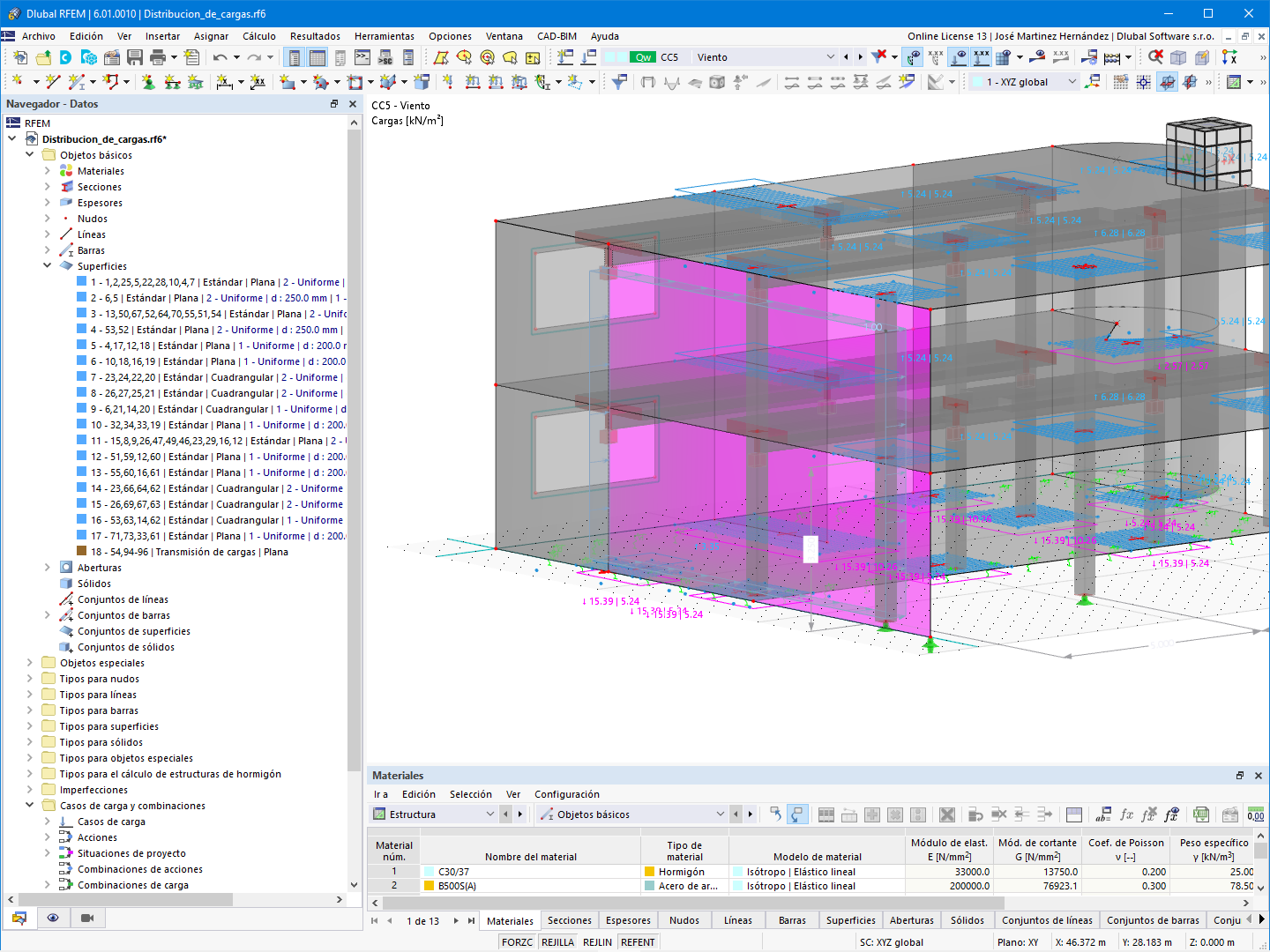 Superficie de transmisión de cargas para considerar las cargas de viento en una fachada