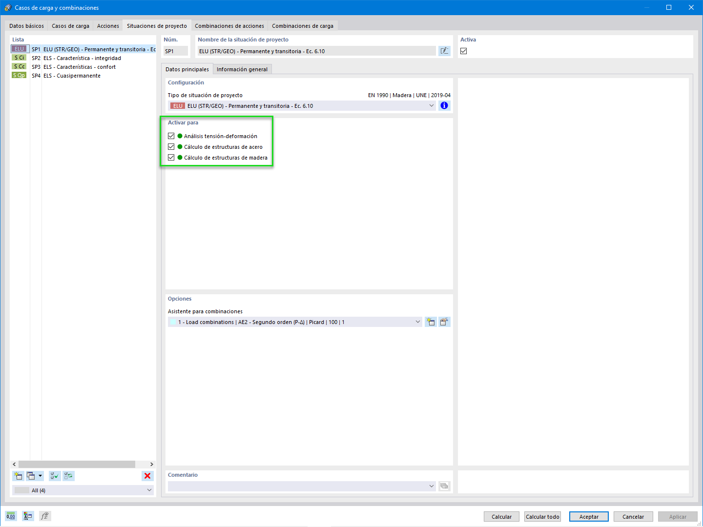 Situación de proyecto para el cálculo de varios materiales