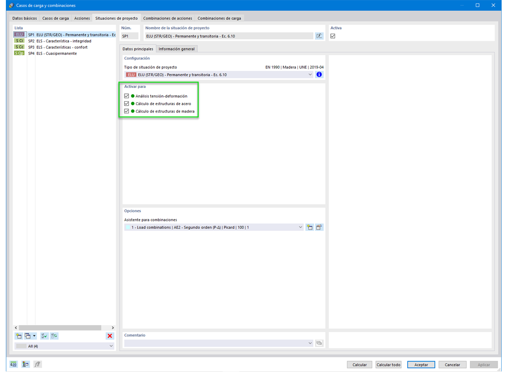 Situación de proyecto para el cálculo de varios materiales