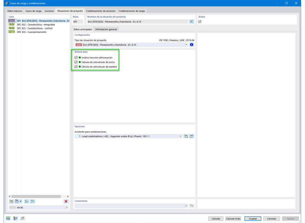 Situación de proyecto para el cálculo de varios materiales