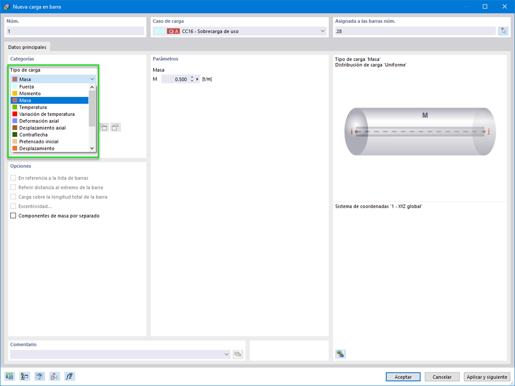 Tipo de carga de "Masa" en el catálogo de cargas