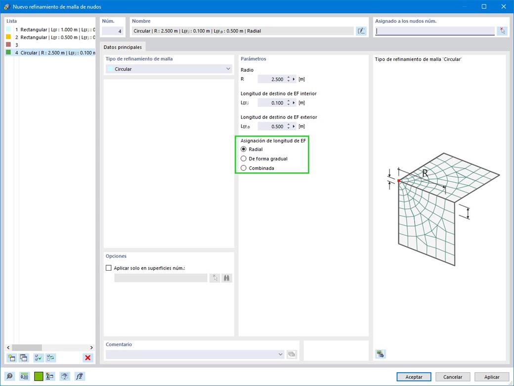 Especificaciones ampliadas del refinamiento de malla de nudos