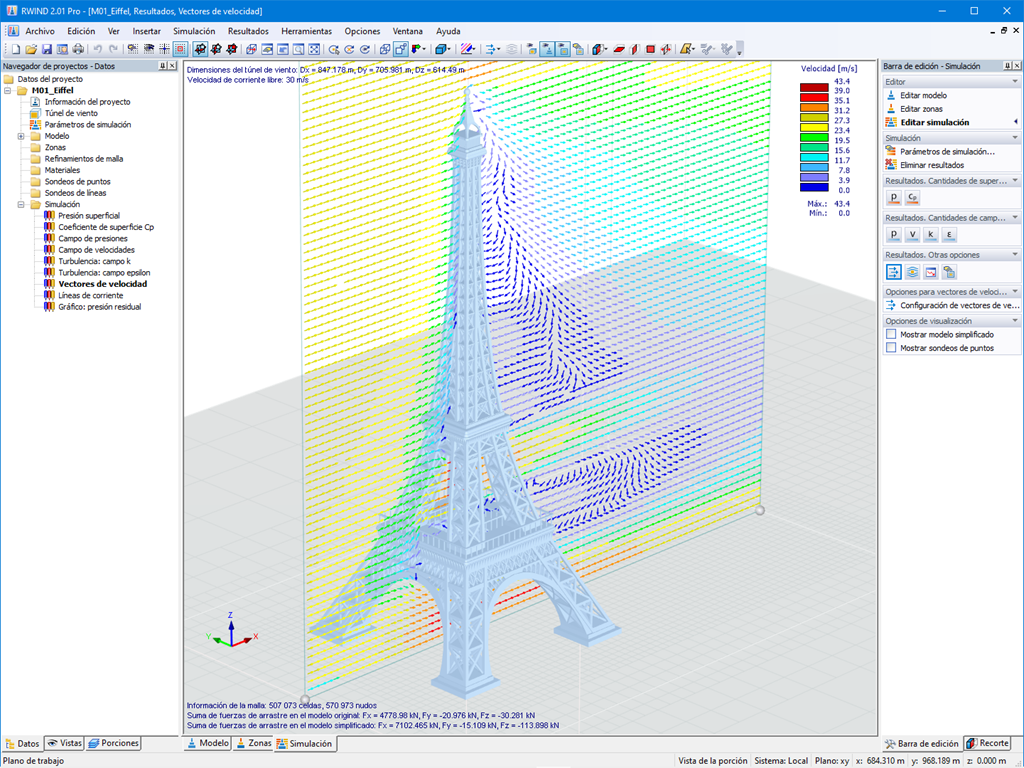 Vectores de velocidad de los flujos de viento en el modelo de la Torre Eiffel en RWIND