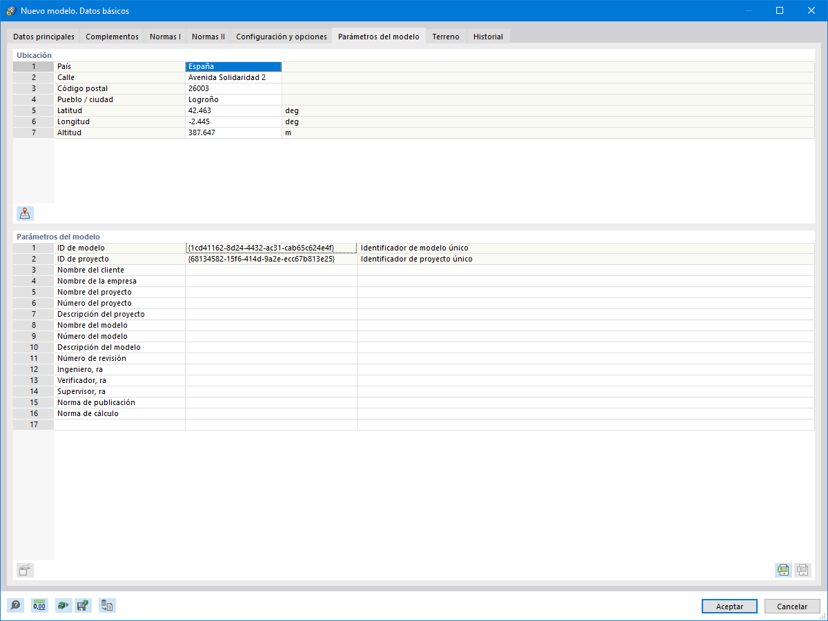 Parámetros globales del modelo