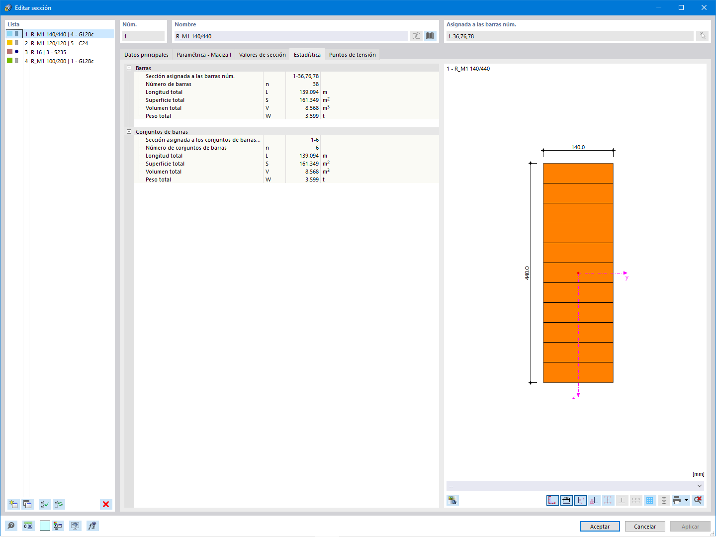 Estadísticas de una sección