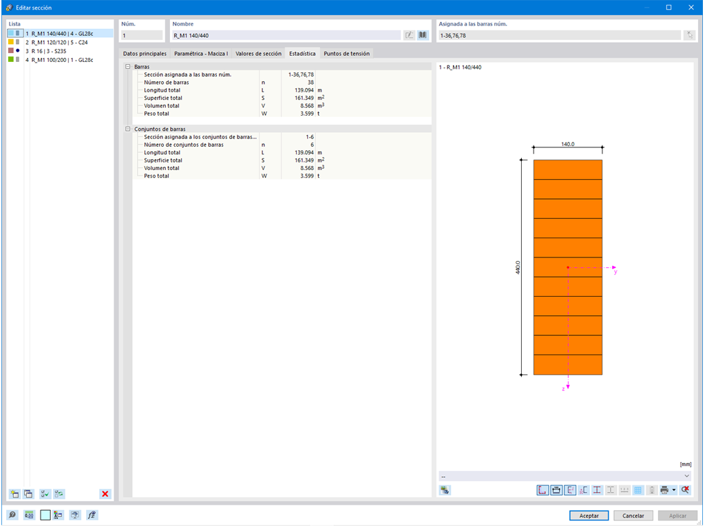 Estadísticas de una sección