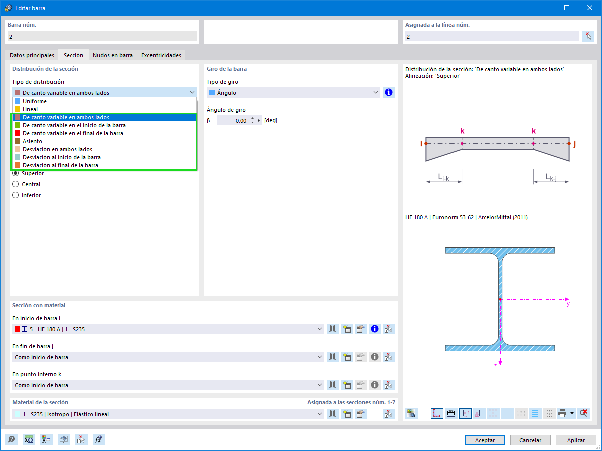 Tipos de distribución para secciones