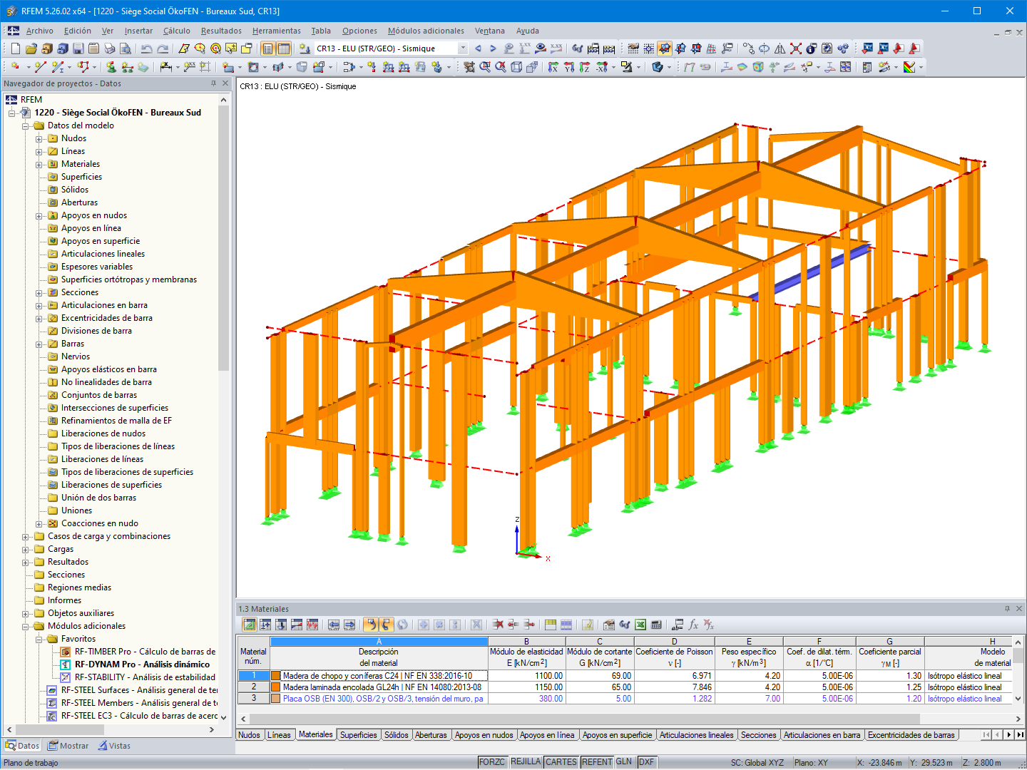 Modelado de la estructura de madera del edificio de oficinas en RFEM