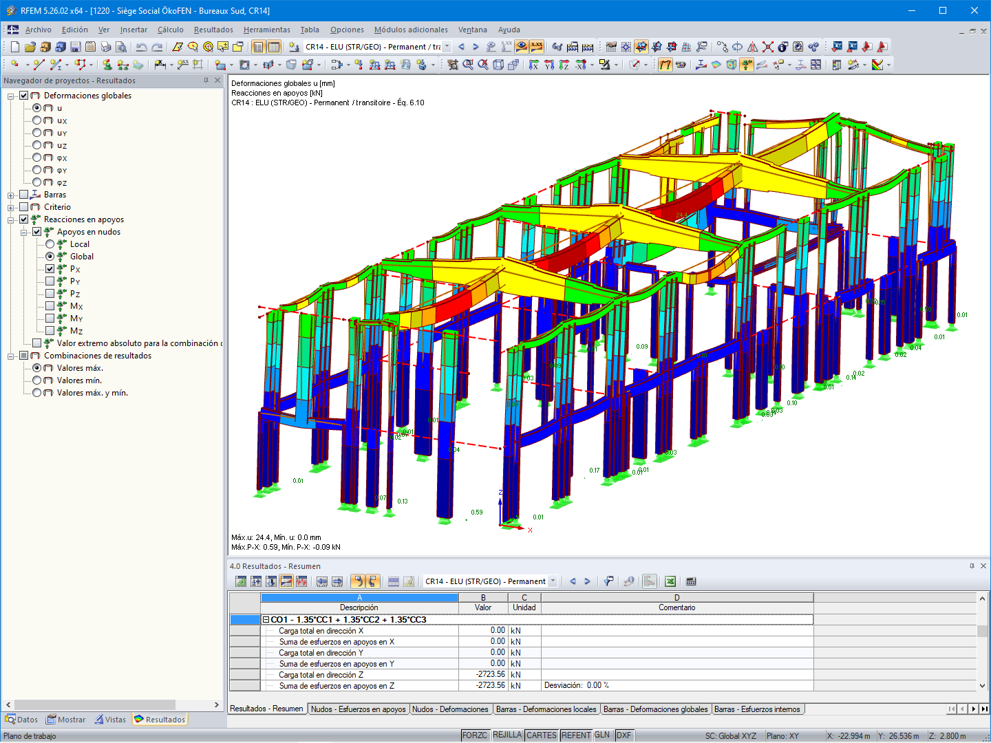 Visualización de la deformación del edificio de oficinas en RFEM