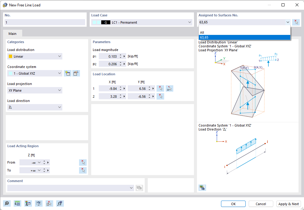 Cuadro de diálogo 'Nueva carga lineal libre'