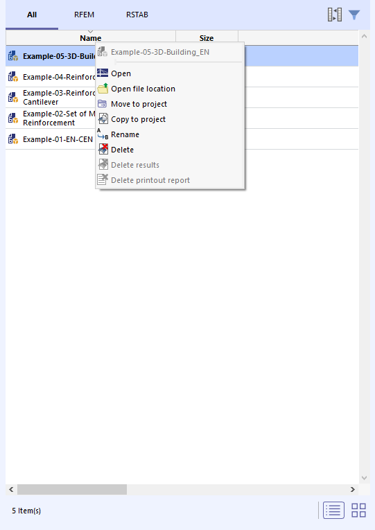 Modelos en la vista de lista con el menú contextual del modelo