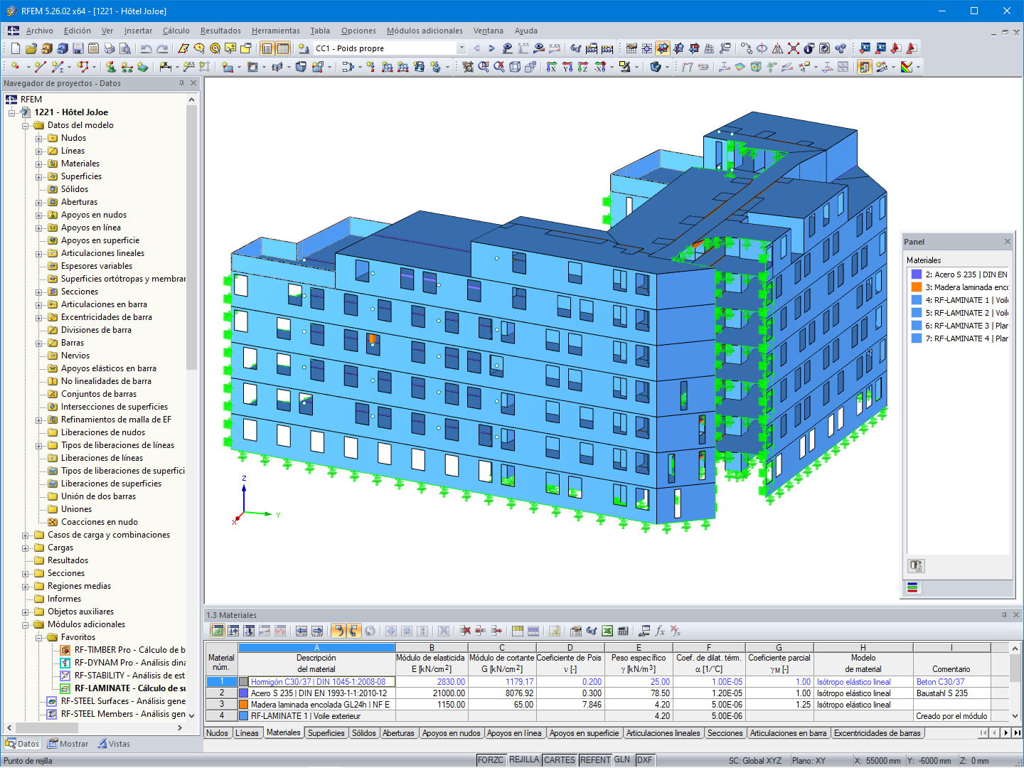 Modelo en 3D de la estructura de madera del hotel en RFEM