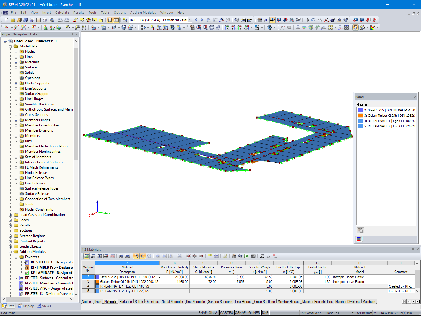 Modelo estructural de uno de los pisos de madera del piso del hotel en RFEM