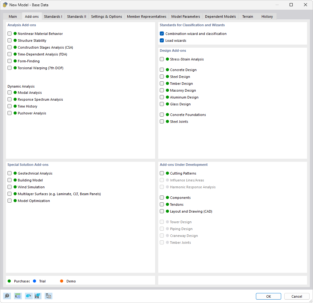 Cuadro de diálogo 'Nuevo modelo - Datos básicos', pestaña 'Complementos'