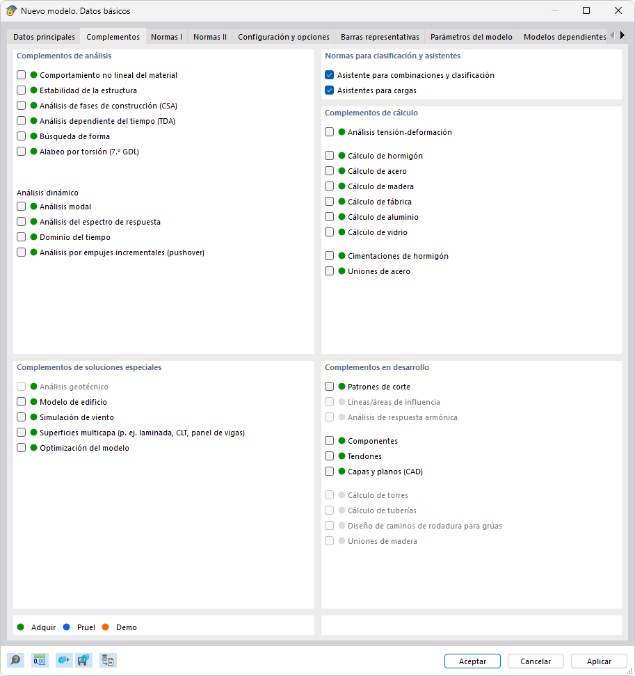Cuadro de diálogo 'Nuevo modelo - Datos básicos', pestaña 'Complementos'