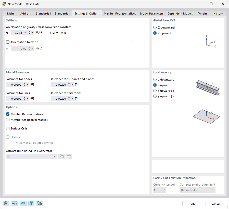 Cuadro de diálogo "Nuevo Modelo – Datos Básicos", pestaña "Configuraciones y Opciones"