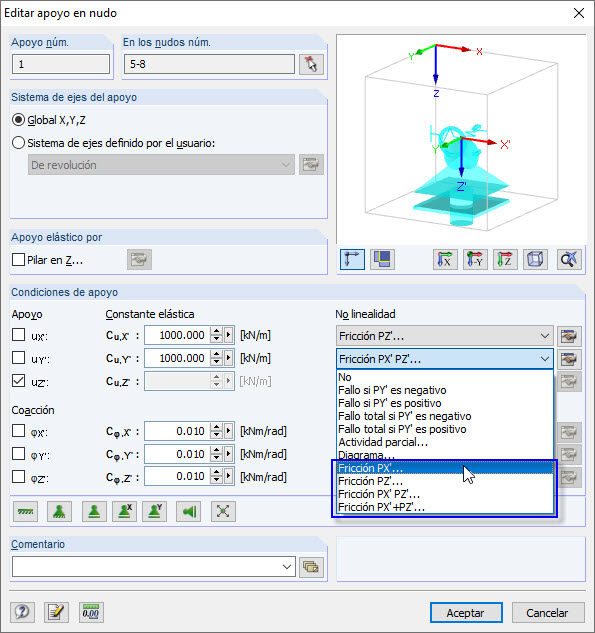 FAQ 003537 | ¿Es posible considerar también la fricción en el apoyo en nudo en RFEM o RSTAB?