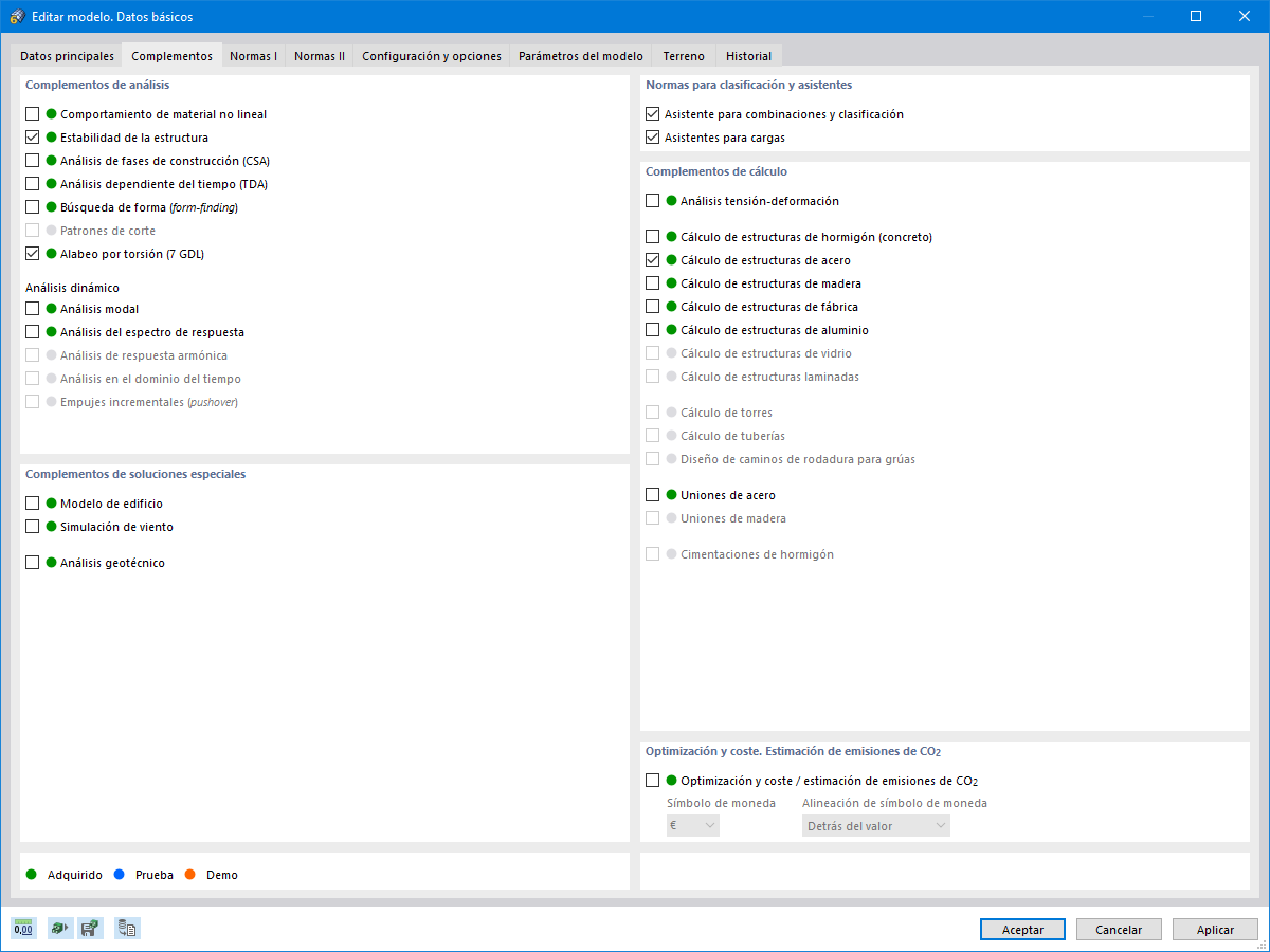 Activación de complementos en los Datos básicos