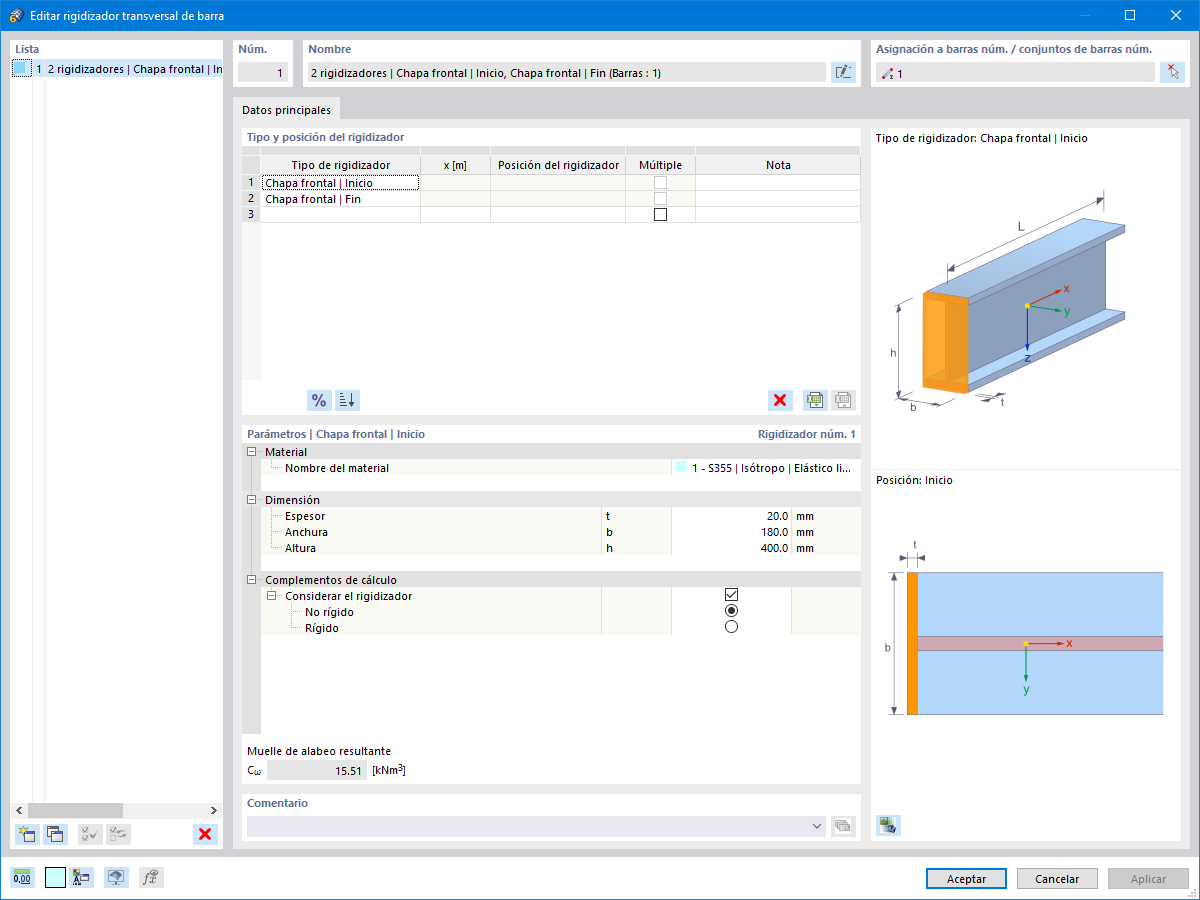 Definición de una chapa frontal al inicio y al final de una barra