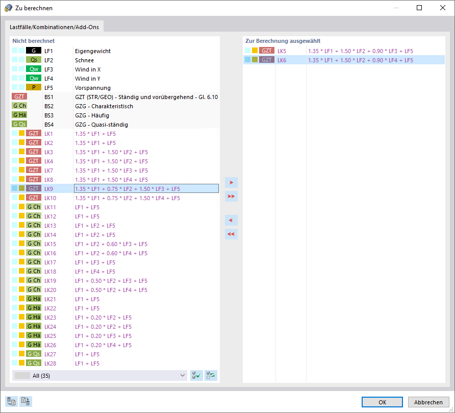 Selección de combinaciones de carga para cálculo