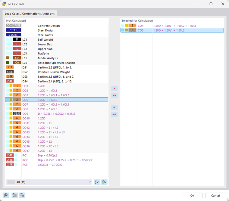 Seleccionar combinaciones de carga para cálculo