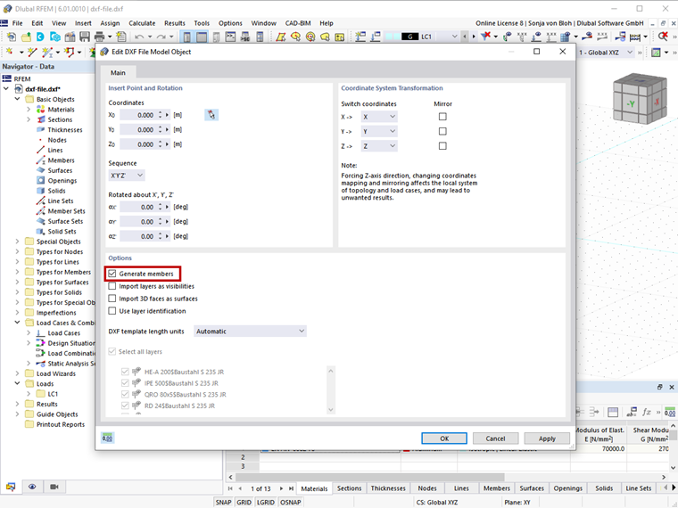 FAQ 005141 | ¿También es posible crear barras al importar un archivo DXF en RFEM?