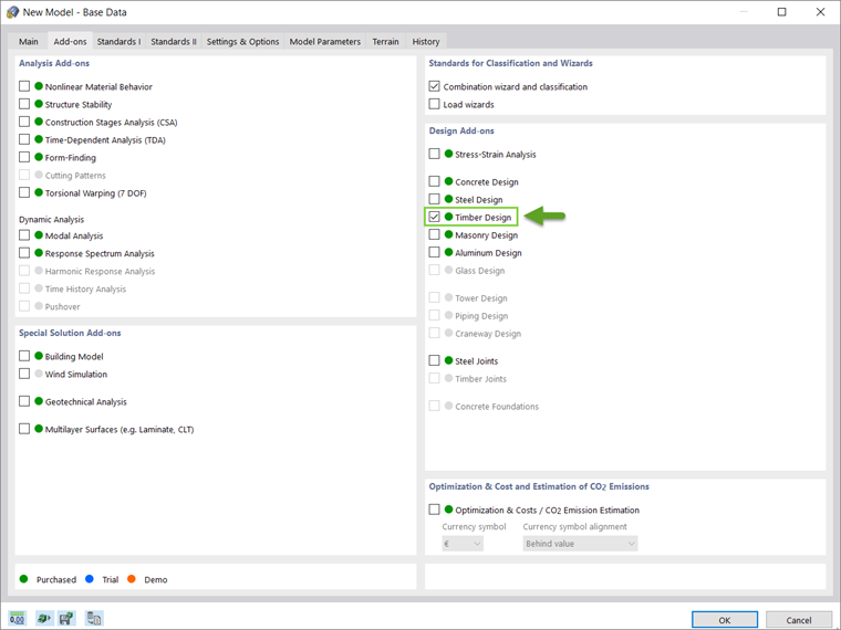 Illustración del proceso de activación del complemento Cálculo de madera en el software de análisis estructural.
