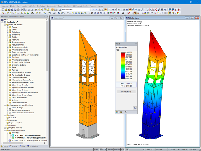 Modelo de la torre (izquierda) y deformada del primer modo (derecha) en RFEM (© ingwh)