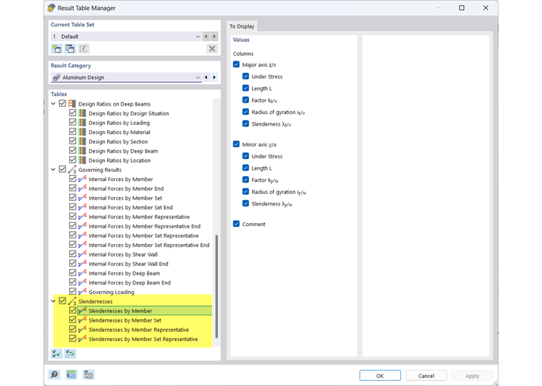 Administrador de tablas de resultados para cálculo de aluminio, esbeltez