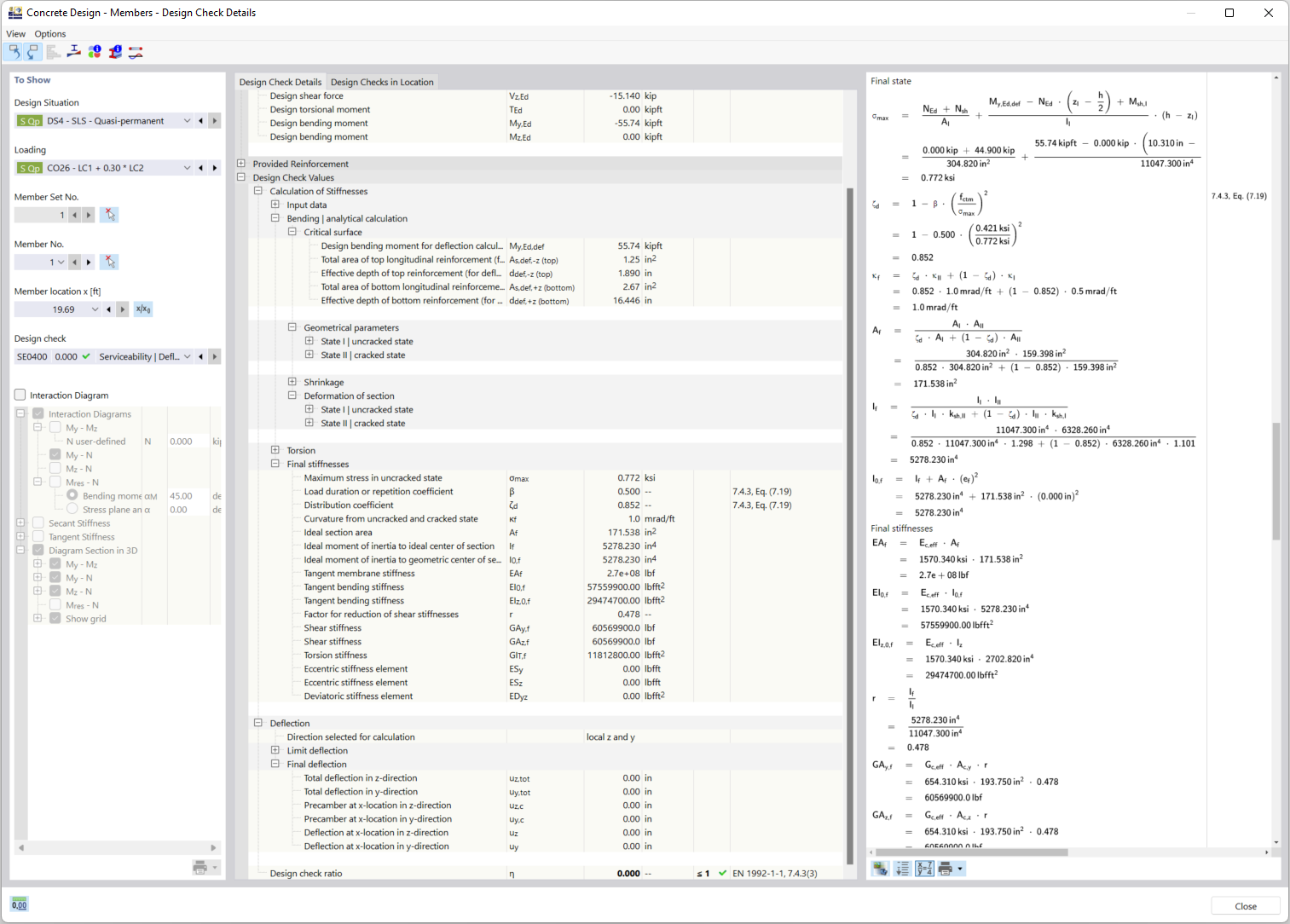 Visualización de la deformación de elementos de hormigón en el estado II con rigidez a tracción según normas.