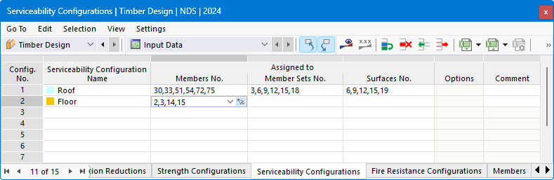 Tabla de entrada para configuraciones de servicio de dimensionamiento de madera