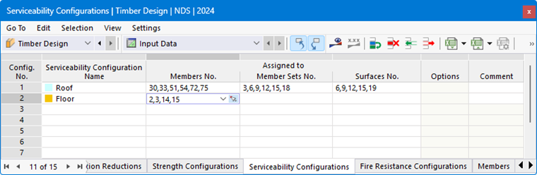 Tabla de entrada para configuraciones de servicio de dimensionamiento de madera