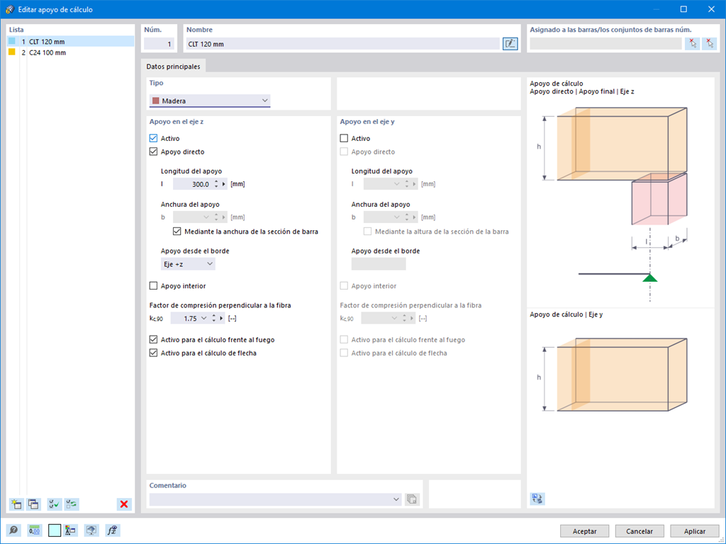 Diálogo que muestra la configuración para verificación de presión de apoyo en el cálculo de madera con opciones para ajustar los apoyos y parámetros.
