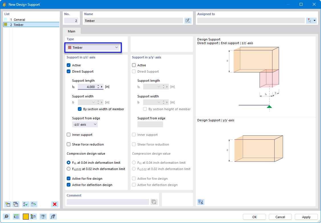 Diálogo que muestra la configuración para verificación de presión de apoyo en el cálculo de madera con opciones para ajustar los apoyos y parámetros.
