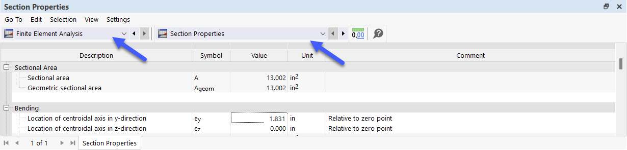 Tablas para la categoría "Análisis de estructuras de paredes delgadas" y subcategoría "Propiedades de la sección"