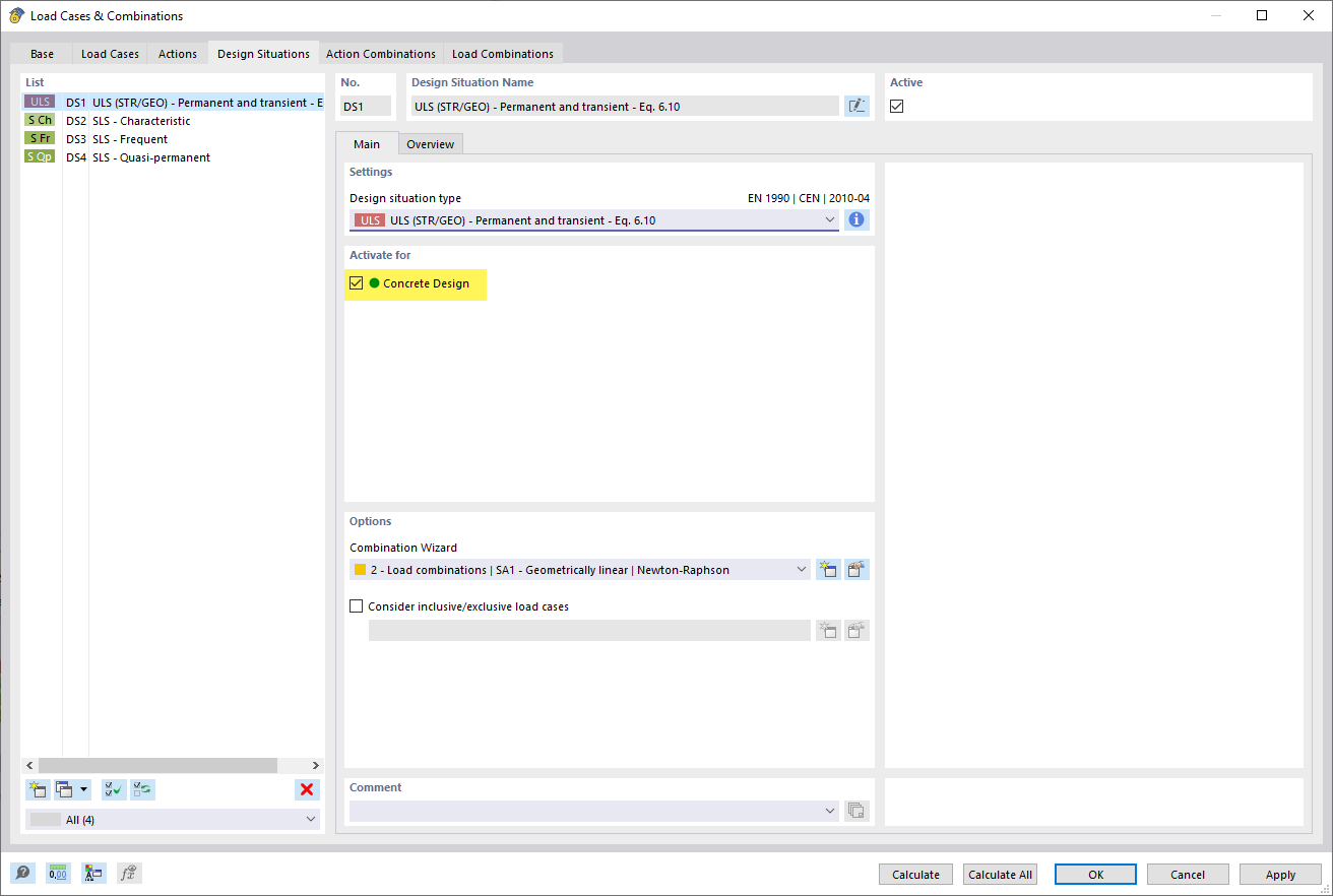 Activación de la situación de cálculo para el cálculo de hormigón