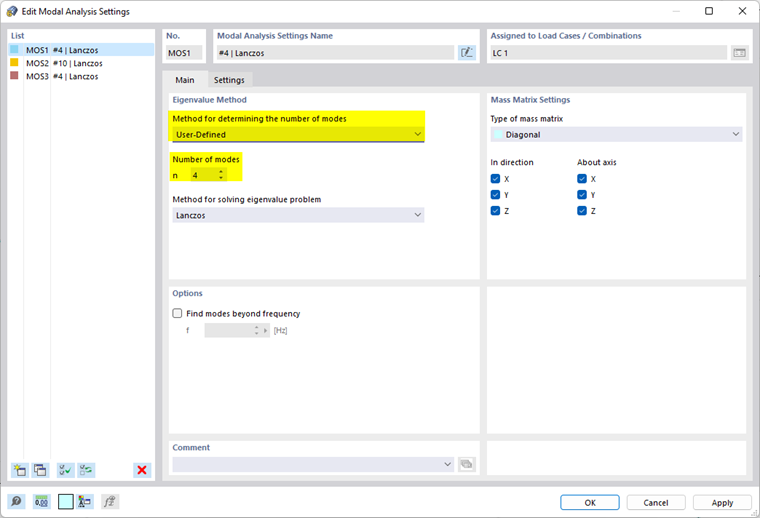 Definición del número de deformadas del modo definido por el usuario