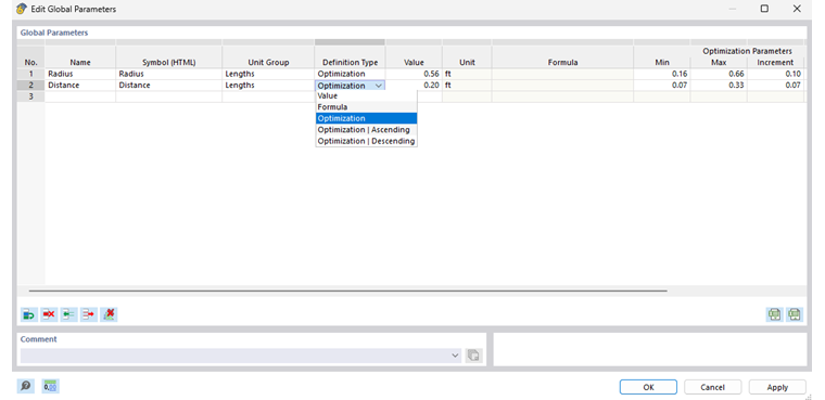 Definición de parámetros globales para optimización
