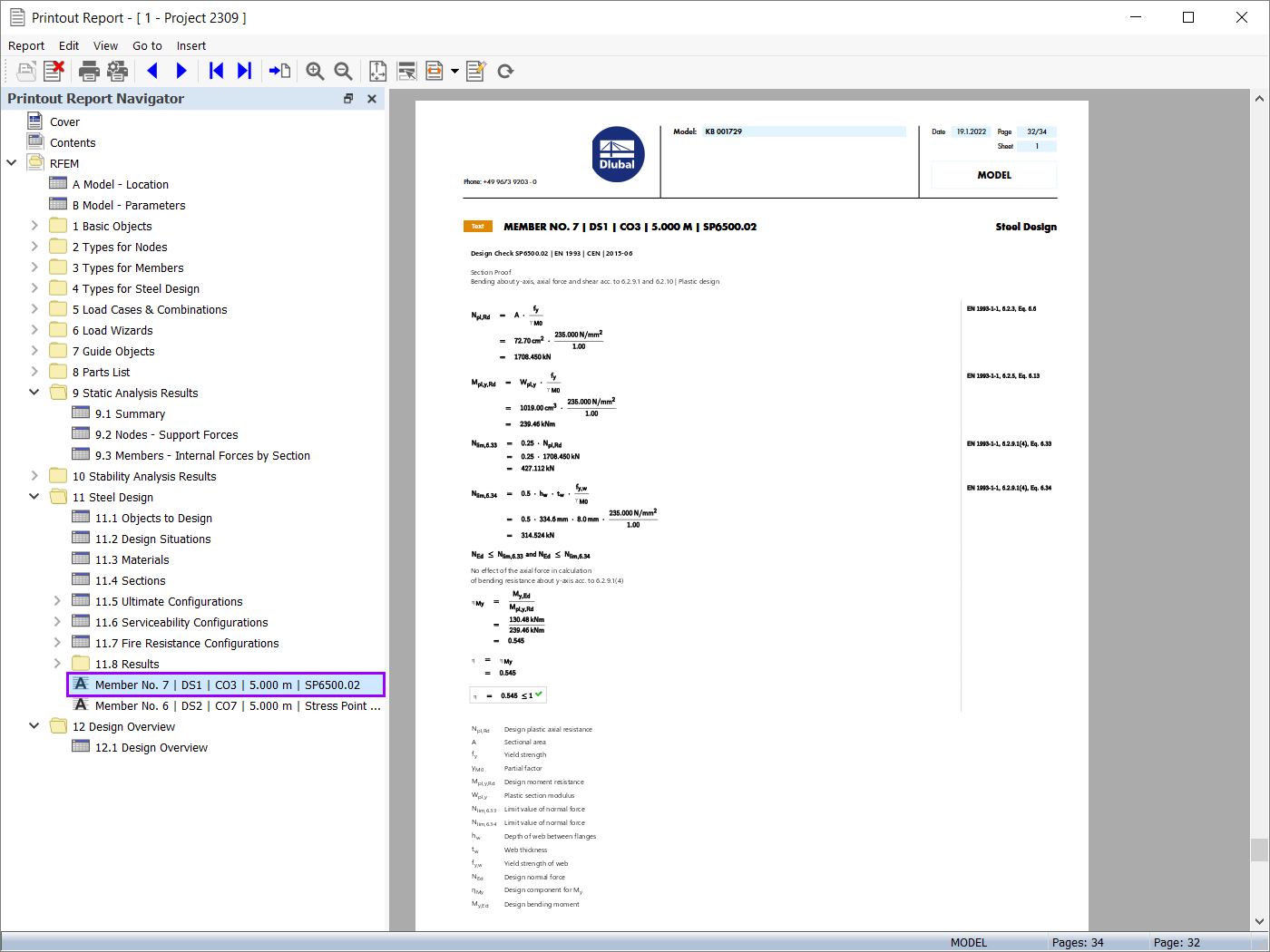 Detalles de la comprobación de diseño en el informe