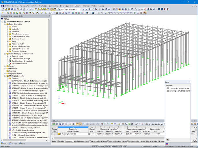 Modelo de la estructura de hormigón de un edificio de almacenamiento en RSTAB