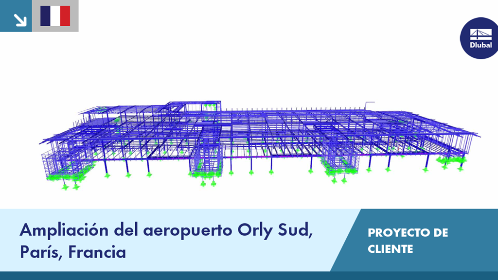 Proyecto de ampliación del Aeropuerto de París Orly Sur, mostrando detalles estructurales y arquitectónicos.