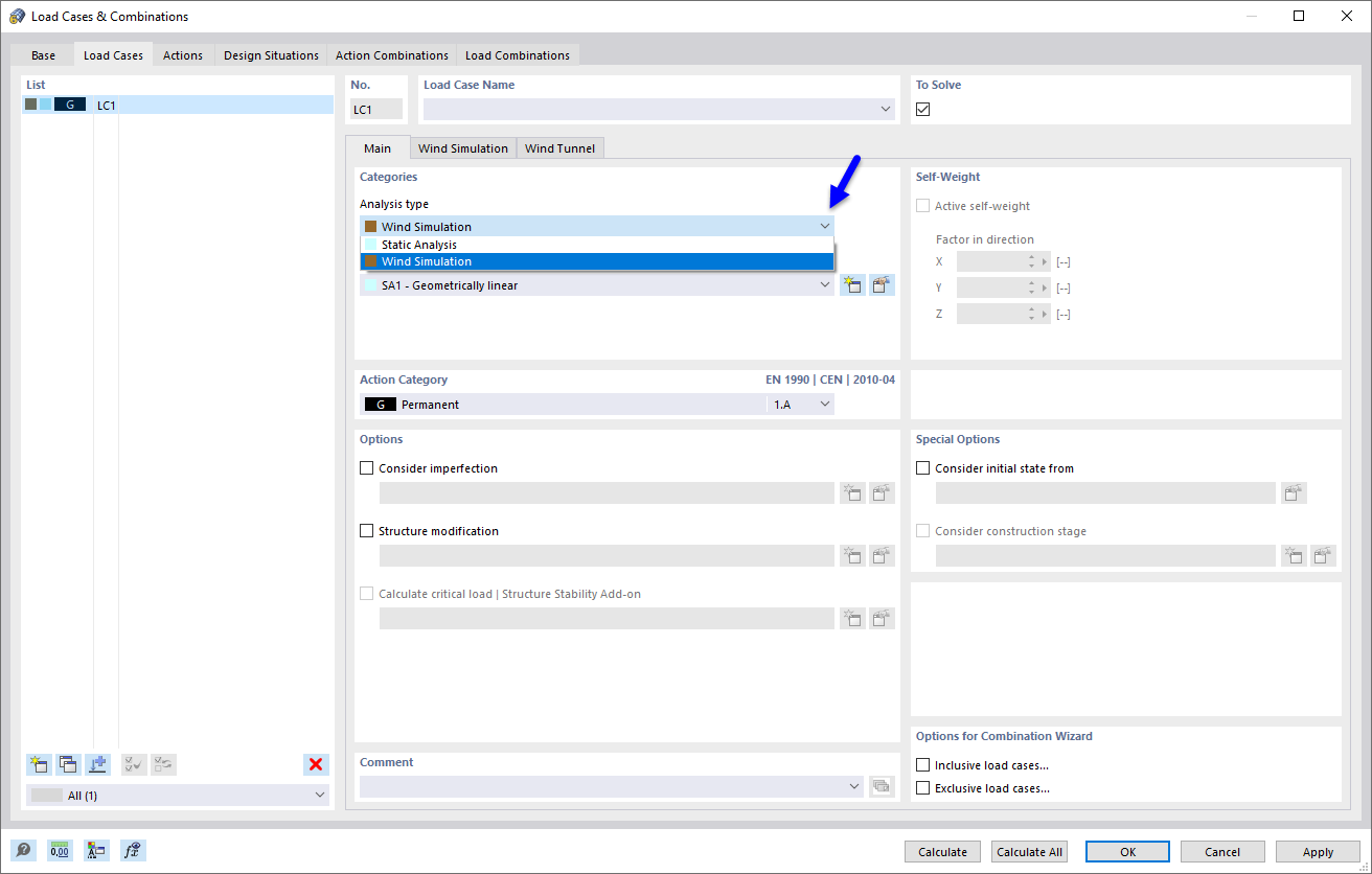 Casos de carga y combinaciones, tipo de análisis