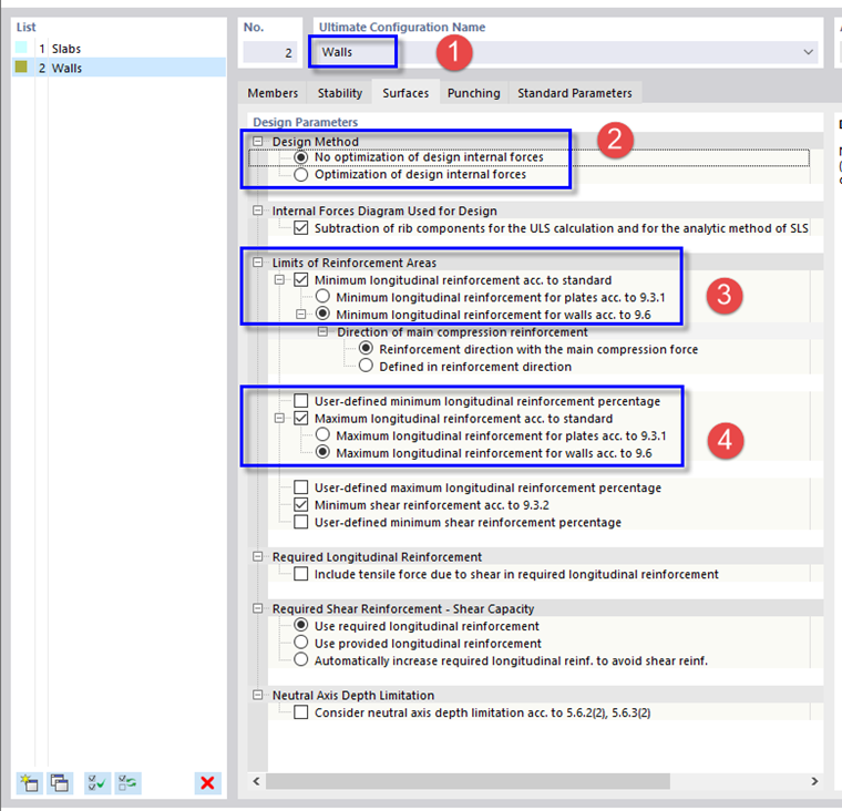 Configuración de ELU para muros