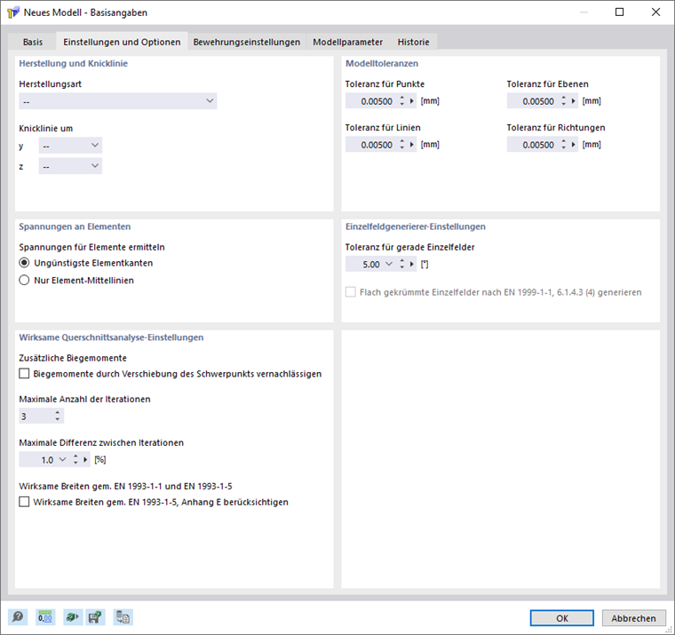 Cuadro de diálogo "Nuevo modelo – Datos básicos", pestaña "Configuraciones y opciones"